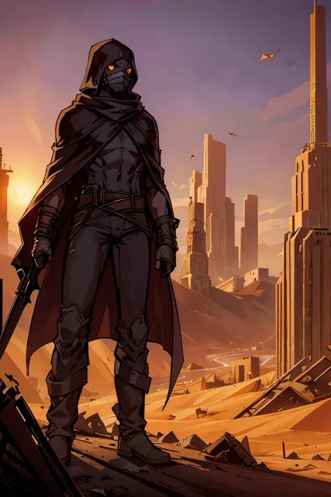 A cloaked elf runner in desert gear, standing atop a crumbling skyscraper, with the wind whipping sand around. The high-tech mask glows faintly as the elf surveys a city buried in dunes, where broken glass and rusted metal structures poke through the sands...