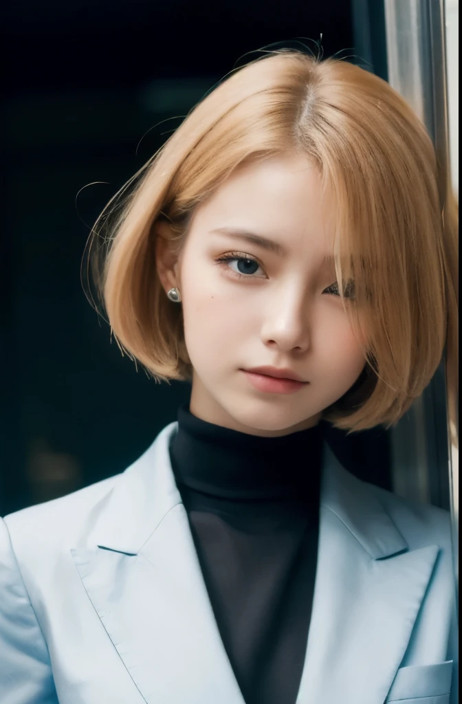 portrait of european girl,solo,20yo,beautiful face,uppser body,hair over one eye,medium sidecut, blonde hair, sharp focus,black business suit