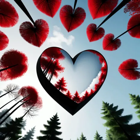 "Visualize an interpretation of a red heart , floating through the sky above a living and dynamic forest. Integrate black and white colors and sharp angles, to convey a feeling of movement and tension. Play with perspective and layering, to create a multid...