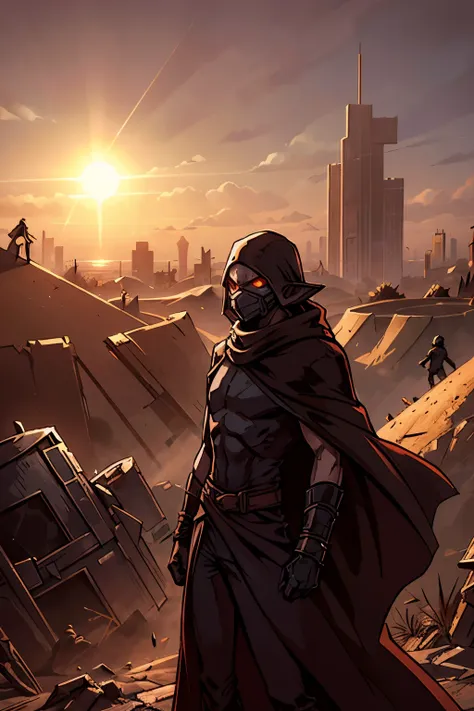 A cloaked elf runner in desert gear, standing atop a crumbling skyscraper, with the wind whipping sand around. The high-tech mask glows faintly as the elf surveys a city buried in dunes, where broken glass and rusted metal structures poke through the sands...