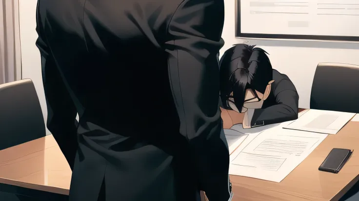 One Man,Black Hair,In a suit,Looking at the documents on the table,Turning his back