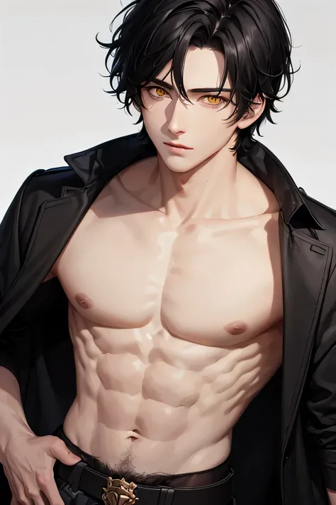 Boy, jet-black short messy hair, yellow eyes, pale skinned, handsome face, western medieval, detailed