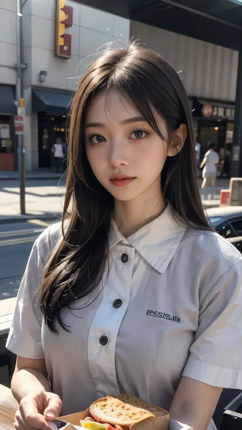 (In 8K、raw photo、best quality、realistic、realistic, looking at the camera, my face shines, gray background, Upper body shot), 28 year old Japanese woman, average appearance, fast food uniform, Serving customers in stores:1.6, talking:1.9, open your mouth:1....