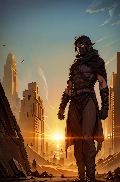 A cloaked elf runner in desert gear, standing atop a crumbling skyscraper, with the wind whipping sand around. The high-tech mask glows faintly as the elf surveys a city buried in dunes, where broken glass and rusted metal structures poke through the sands...