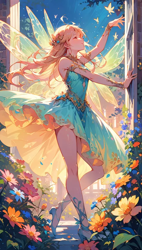 Dancing Fairies, ((Strange creatures outside your window, Focus on dancing fairies and flowers:1.2)), Beautiful detailed eyes, Beautiful detailed lips, Highly detailed faces and features, Long eyelashes, Shiny fairy wings, fairy dance:1.4, Dance Motion, ((...