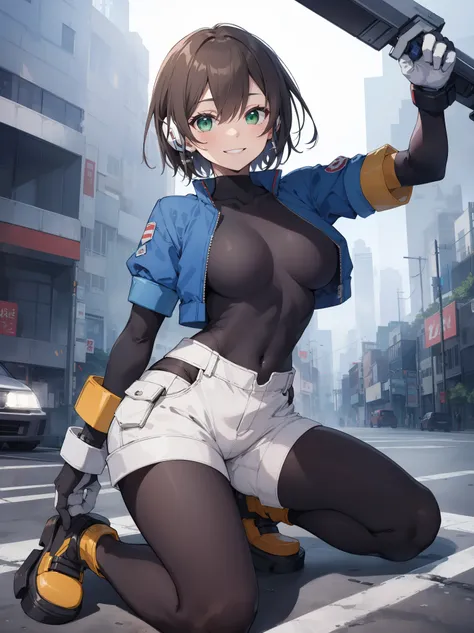 aile_megamanzx, kneeling with one hand on the ground and the other arm raised, 1girl, solo, short hair, brown hair, short sleeves, (bodysuit), robot ears, green eyes, short_shorts, short sleeves, short over long sleeves, smile, in futuristic city, , high q...