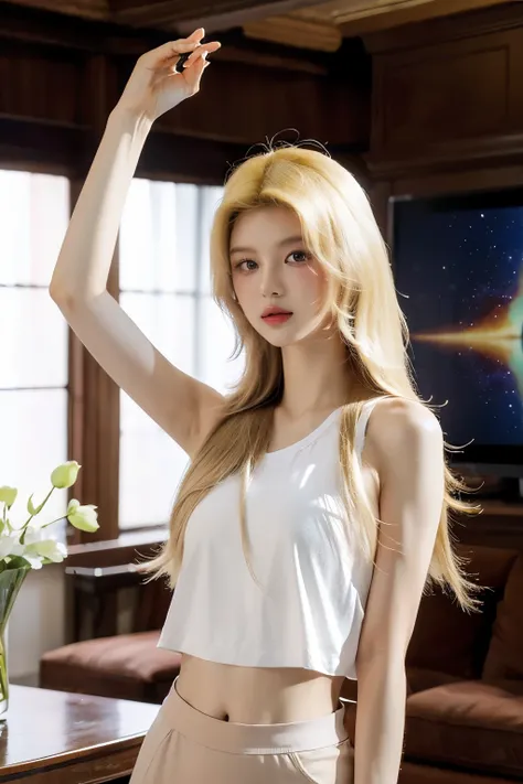 (Best quality, masterpiece), 1girl, pose, particles, wind, flower, upper body, simple background, looking at the audience, blonde, milky way, aesthetic, in the living room, ultra-realistic, extremely detailed, (solo focus) 