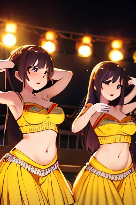 Multiple Girls,Cute Long Hair,Dynamic Dance Poses,Clubhouse at night,Laser light,Spotlight,Belly Dance Costumes,Many accessories,Clothes with glitter,high quality,High resolution,Sweat,Ichinose,Crowded Audience,(Perfect Anatomy),smile,