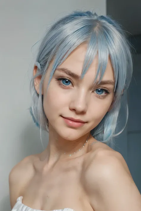 Anime image of a woman with silver-white hair with light blue tips, a little bit of blue, and bangs. Big, sparkling blue eyes, long eyelashes, thin, light brown eyebrows. Small, slender nose The mouth is a faint red. Cheeks pink and red The face is quite s...