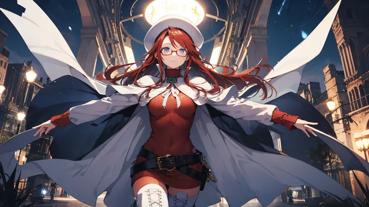 summonnightaty, aty, (young:1.3),long hair, blue eyes, red hair, big_tits, hat, glasses,
BREAK long hair, thighhighs, hat, dress, naked_legs, glasses, belt, cape, sweater, zettai ryouiki, beret, thigh boots, white footwear, ribbed sweater, loose belt,solo,...