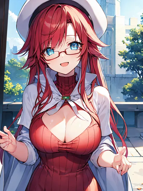 summonnightaty, aty, (young:1.3),long hair, blue eyes, red hair, big_tits, hat, glasses, BREAK long hair,, hat, dress,glasses, cape, sweater, beret,ribbed sweater,,solo, BREAK outdoors, fantasy, BREAK (masterpiece:1.2), best quality, high resolution, unity...