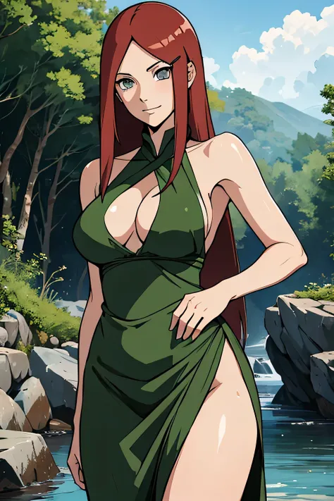 uzumaki_kushina, large_breasts, standing, solo, kushina_green_dress, masterpiece, best quality, detailed face, detailed eyes, highres, smile, (masterpiece:1.4, best quality:1.2), (Highres), groin, pussy, panties, nipple, thigh cleavage, (Detailed Illustrat...