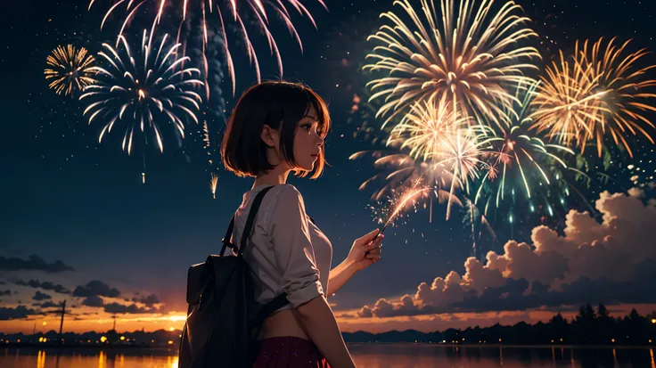 fireworks and a woman