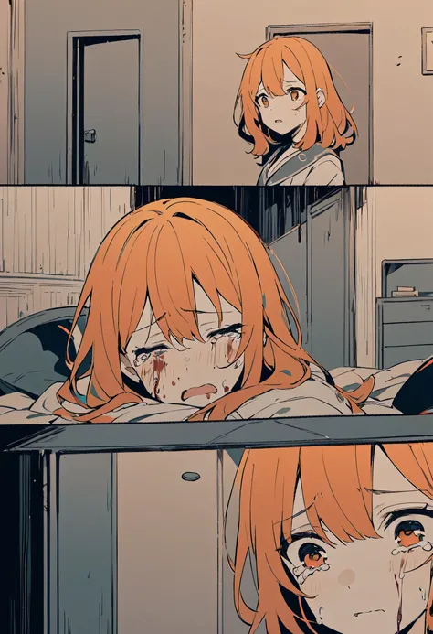  anime girl orange hair crying, blood on face, drowning sad scene, bedroom scene, subdued colors