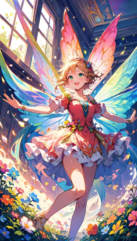 Dancing Fairies, ((Strange creatures outside your window, Focus on dancing fairies and flowers:1.2)), Beautiful detailed eyes, Beautiful detailed lips, Highly detailed faces and features, Long eyelashes, Shiny fairy wings, fairy dance:1.4, Dance Motion, ((...