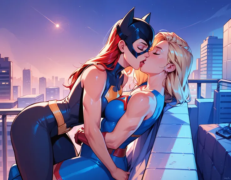 score_9, score_8_up, score_7_up, score_6_up, 2girls, Supergirl and Batgirl, yuri, girlfriends, lovers, kissing, city rooftop, night, cinematic lighting.