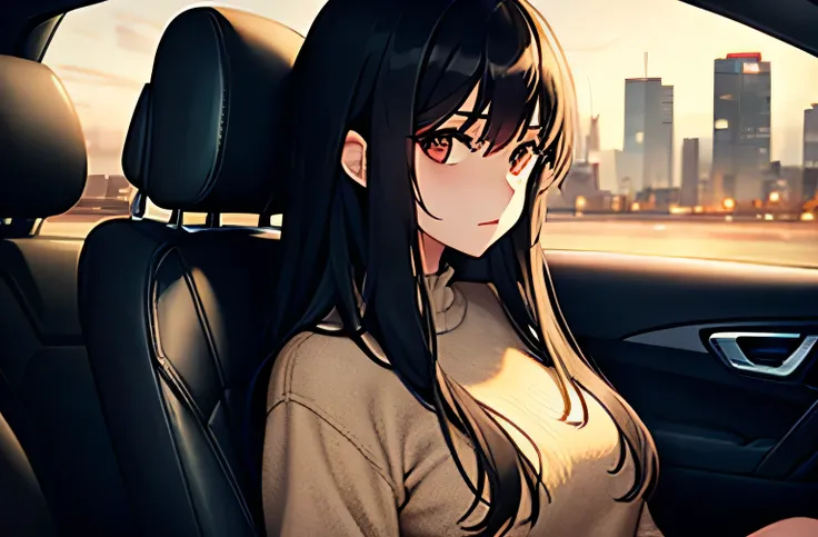 One Woman,Long black hair,In the car,Assistant seat,night,Wearing a beige knit