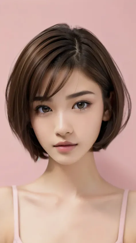 (NSFW), beautiful girl, brown eyes, ((beautiful slim teenage girl 18 year old, short hair color [Brown highlights hair], [undercut pixie] hair)), ((big tits)), lips, realistic, ((skinny body)), charming, pink lipstick, colorful makeup, long eyelashes, wear...