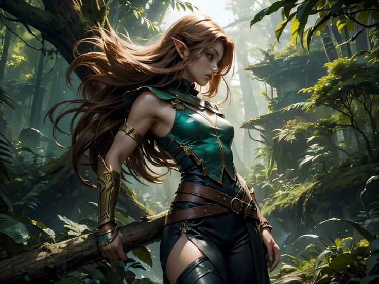 Echo, a 22-year-old half-elf. She has caramel skin with a golden glow, thick light chestnut hair with soft waves, and brown eyes with green hues. Her face is oval with soft features and pronounced cheekbones, adding harmony. She has full, attractive lips w...