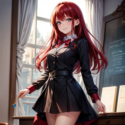 red hair and eyes, Girl, adolescent, Brown eyes , smiling, mysterious, fancy, magic academy, secretary attire
