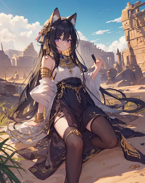 masterpiece, best quality, ultra detailed, HDR, 8k, Anime coloring book, on a desert oasis, a sphinx-inspired girl, black hair, neko ears, cat tail, neko tail, cat ears, purple reflexes, sits regally among sand dunes. Hieroglyphs adorn ancient ruins as a w...