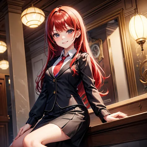 red hair and eyes, Girl, adolescent, Brown eyes , smiling, mysterious, fancy, magic academy, secretary attire
