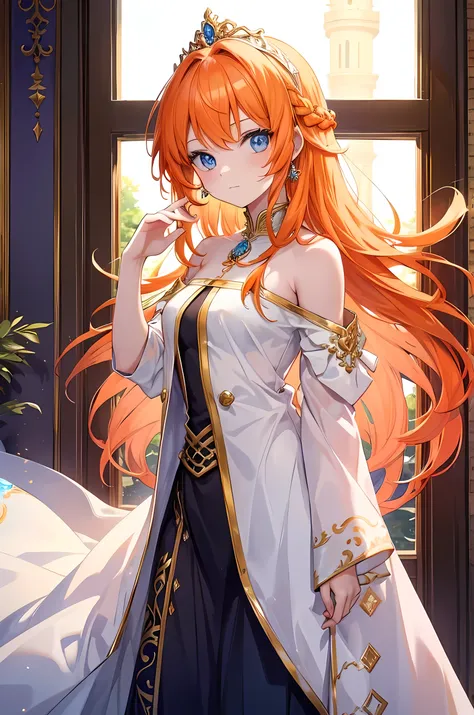 Orange hair, blue eyes, long hair, young girl, like a princess, nobleman style, mansion background