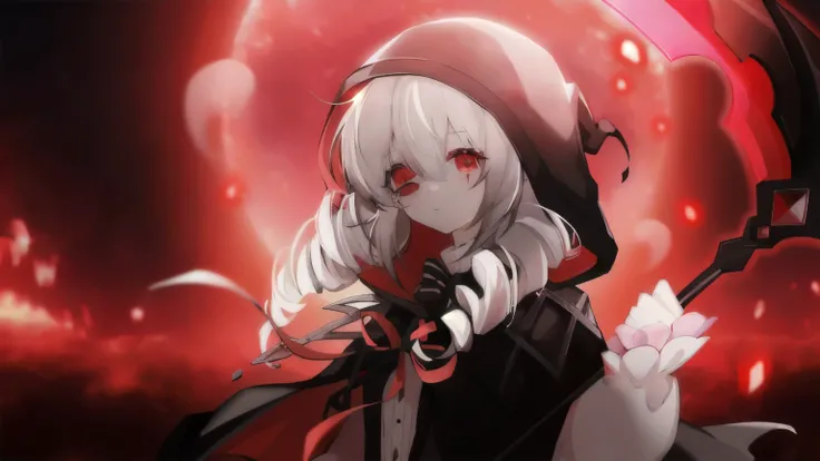 Anime girl with blood-red pupils holding a blood-red scythe in front of a red background, gapmoe yandere grimdark, With glowing red eyes, From, with Glittering red eyes, Devil anime girl, portrait gapmoe yandere grimdark, Night Core, Gothic girl anime girl...