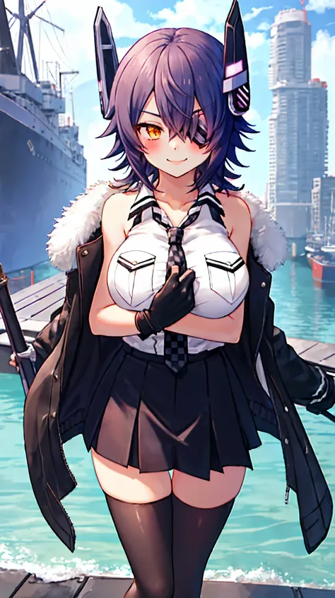 best quality, masterpiece, solo, {tenryuu_kantaicollection:1.15}, teen_girl, eyepatch, short_hair, purple_hair, yellow_eyes, headgear, breasts, necktie, large_breasts, smile, 1girl, blush, checkered_necktie, hair_over_one_eye, shirt, collared_shirt, white_...