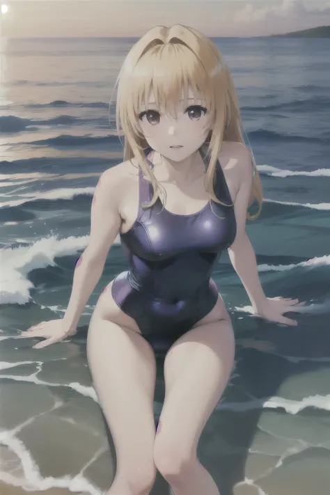 1 beautiful thin 5 year old girl, Small long swimsuit, sea waves beach summer sunset, HD, masterpiece, anatomically correct, High details, High Resolutions, The best quality, Super detail, 8k  Anime girl in blue swimsuit posing in the ocean., is wearing a ...