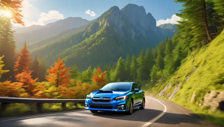 a detailed illustration of a subaru impreza driving on a winding mountain road, extremely detailed car, intricate details of the cars exterior, dynamic motion blur, dramatic lighting, epic cinematic composition, stunning scenic backdrop, lush green forests...