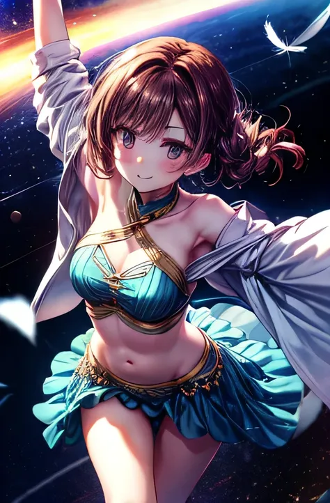 masterpiece, anime, cute, romantic, Highest quality, One Woman,Arabian dancer in blue costume,Jewelry Accessories,Thin feather robe,Belly out,Shoulder Bare,sexy,Dancing on the water with arms outstretched, spin,Beautiful legs,Strong winds,smile, universe s...