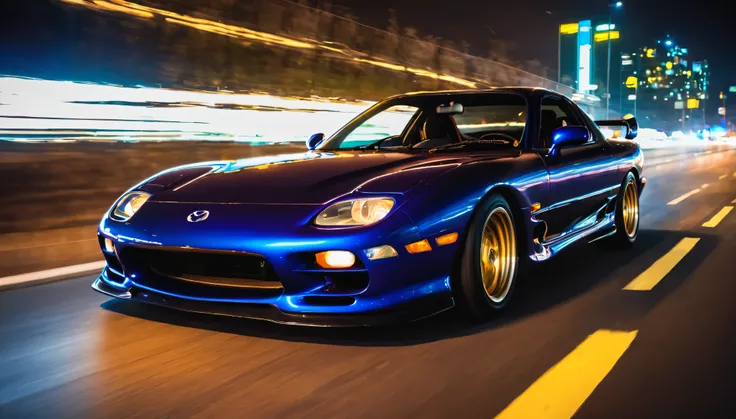 a mazda rx-7 driving on a midnight highway, detailed car, dramatic lighting, cinematic, neon lights, glowing dashboard, extreme speed blur, grunge, gritty, dark, moody