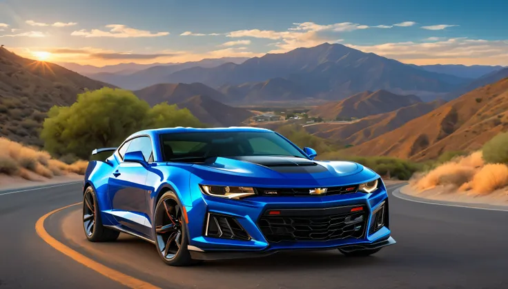 a sleek chevrolet camaro in a picturesque california landscape, dramatic lighting, cinematic composition, vibrant colors, detail...