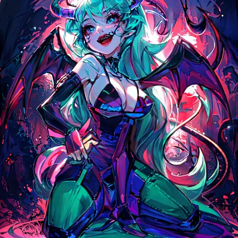 Anime girl with a bat and a soccer ball in her hand, beautiful succubus, kda, succubus, Miku, succubus in tight short dress, demon anime girl, monster girl, extremely detailed art germ, demoness, Morrigan, demon girl, hatsune Miku, Morrigan aensland, ! Dre...