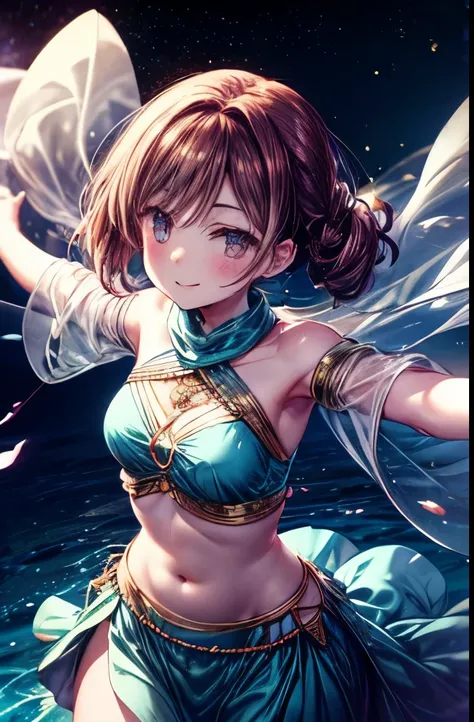 masterpiece, anime, cute, romantic, Highest quality, One Woman,Arabian dancer in blue costume,Jewelry Accessories,Translucent shawl,Belly out,Shoulder Bare,sexy,Dancing on the water with arms outstretched, spin,Beautiful legs,Strong winds,smile, universe s...