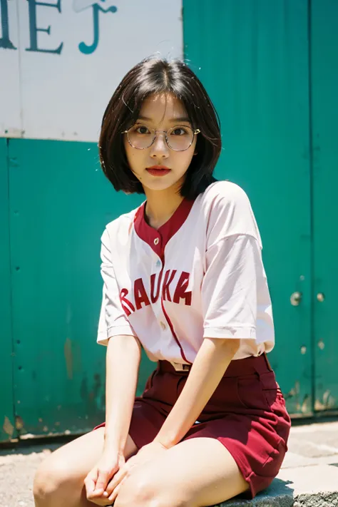 there is a woman that is sitting down with a baseball glove, jinyoung shin, mid shot portrait, heonhwa choe, jaeyeon nam, park ji-min, with index finger, taejune kim, lee ji - eun, lee ji-eun, ulzzang, with short hair, short sleeves, sun yunjoo, with glass...