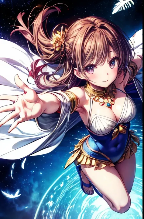 masterpiece, anime, cute, romantic, Highest quality, One Woman,Arabian dancer in blue costume,Jewelry Accessories,Thin feather robe,Belly out,Shoulder Bare,sexy,Dancing on the water with arms outstretched, Beautiful legs,Strong winds,smile, universe space,...