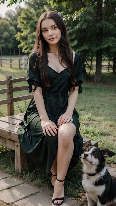 young belarusian woman, black long hair, green eyes, 27 years old, pet lover, smirk, sitting with dogs, nature background, wearing bedge dress