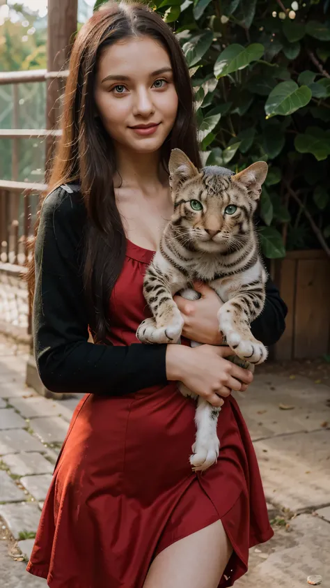 young belarusian woman, black long hair, green eyes, 27 years old, pet lover, smile, posing in the zoo, zoo with animals background, wearing red dress