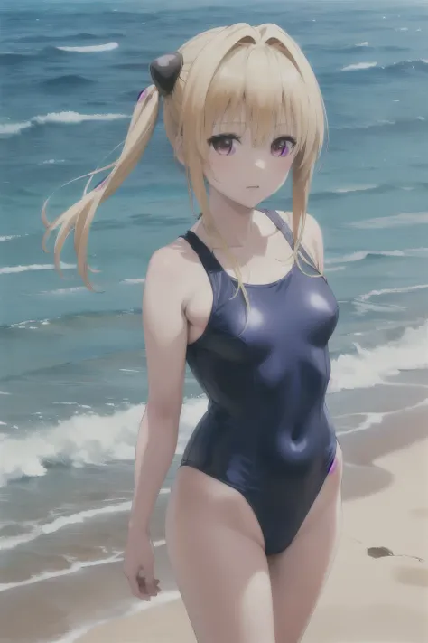 1 beautiful thin 5 year old girl, Small long swimsuit, sea waves beach summer sunset, HD, masterpiece, anatomically correct, High details, High Resolutions, The best quality, Super detail, 8k  Anime girl in blue swimsuit posing in the ocean., is wearing a ...