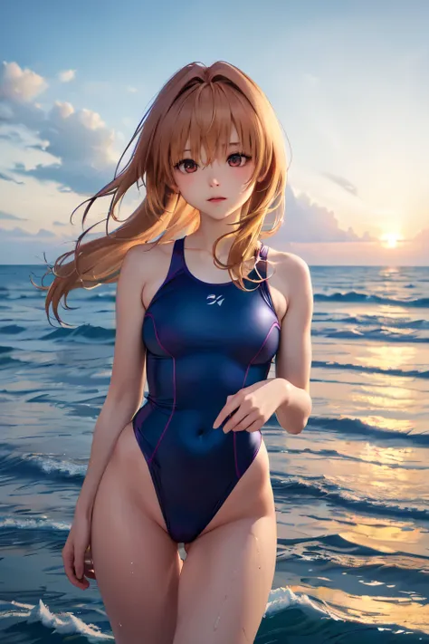 1 beautiful thin 5 year old girl, Small long swimsuit, sea waves beach summer sunset, HD, masterpiece, anatomically correct, High details, High Resolutions, The best quality, Super detail, 8k  Anime girl in blue swimsuit posing in the ocean., is wearing a ...