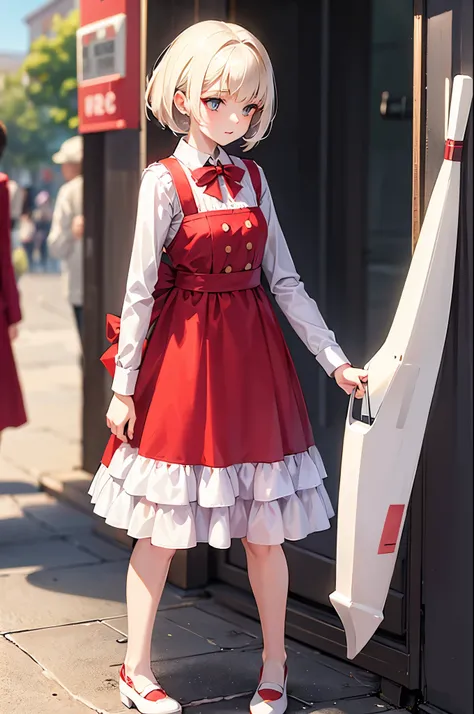 Female white cat wearing red ticket dress, height:30.19.