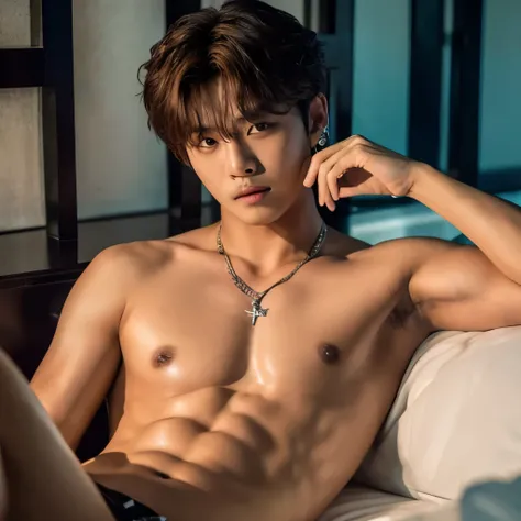 Bang Chan of K-pop group Stray Kids is seen sitting shirtless on a bed (Ultra-realistic 4K images) Bang Chan has gorgeous brown hair. He&#39;s clearly in the mood for lots of sex until you cum.