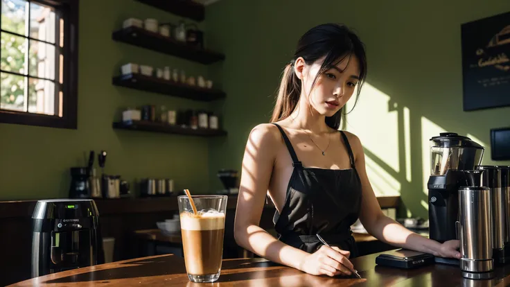 ((very sharp photo result, hyper realistic photo)) (((Best Quality))), (((masterpiece))), (((Ultra-detailed CG))),(((magical ))) an artsy edgy cafe barista corner table with coffee maker machine that steam and a cup of hot coffee, lime green dominated colo...