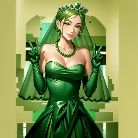 Emerald tiara, Green Pearl Necklace, Boyish very short green hair, Green Lips, Smiling Japanese woman, Very short hair, Busty beautiful lady, Green Eyes, Green satin long gloves, Green Eyes, Emerald Earrings, Green veil, All, Green Hair, Beautiful Japanese...