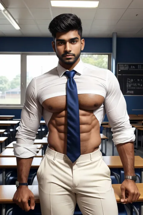 18 years old indian school boy with small beard mascular dark skin jaat with spiky hairstyle in , head to thighs, indian school boy, beautiful eyes, large lips, volumeric light, wearing tight white shirt, navy trouser, navy tie, huge bulge, muscular chest,...