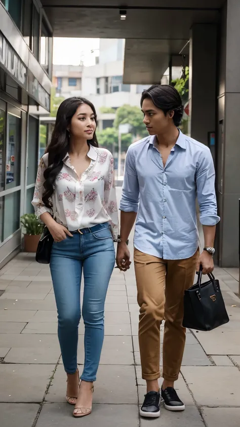 an Indonesian man and an Indonesian woman standing next to each other, an image, inspired by Adam Dario Keel, which is trending in the cg community, a handsome young Indonesian man with a beautiful young Indonesian woman with wavy tangled hair, a man dress...