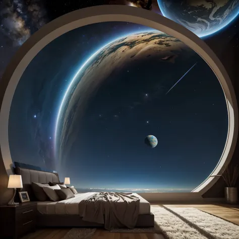 spaceship bedroom, futuristic design, large circular window, planet atmosphere view, cosmic scenery, celestial background, ambient lighting, advanced technology, bed, sci-fi elements, space exploration, detailed textures, outer space ambiance