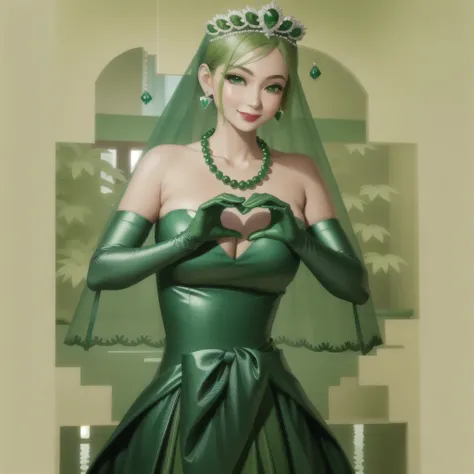 Emerald tiara, Green Pearl Necklace, Boyish very short green hair, Green Lips, Smiling Japanese woman, Very short hair, Busty beautiful lady, Green Eyes, Green satin long gloves, Green Eyes, Emerald Earrings, Green veil, Heart with both hands, Green Hair, ...